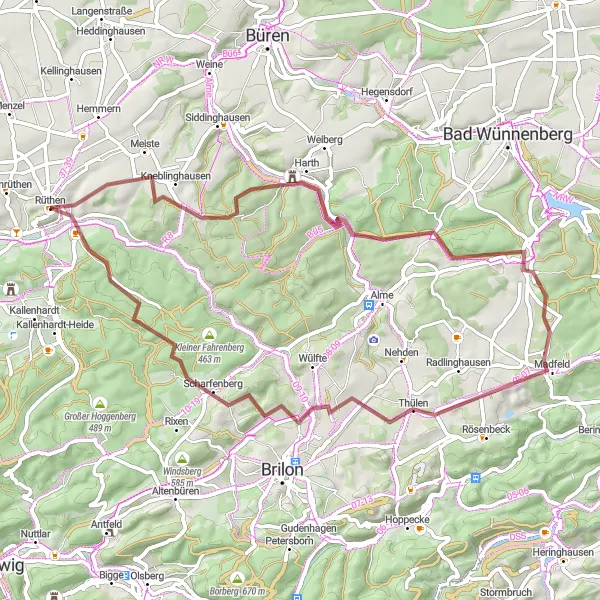 Map miniature of "Rüthen Gravel Escape" cycling inspiration in Arnsberg, Germany. Generated by Tarmacs.app cycling route planner