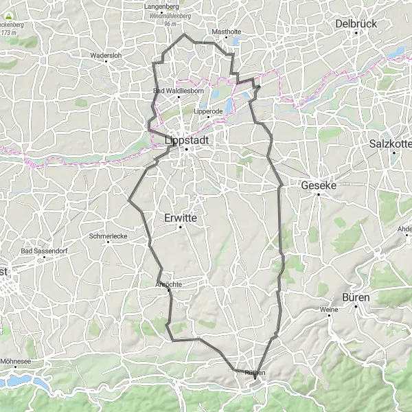 Karten-Miniaturansicht der Radinspiration "Rüthen - Anröchte - Eringerfeld - Spitze Warte Rundtour" in Arnsberg, Germany. Erstellt vom Tarmacs.app-Routenplaner für Radtouren