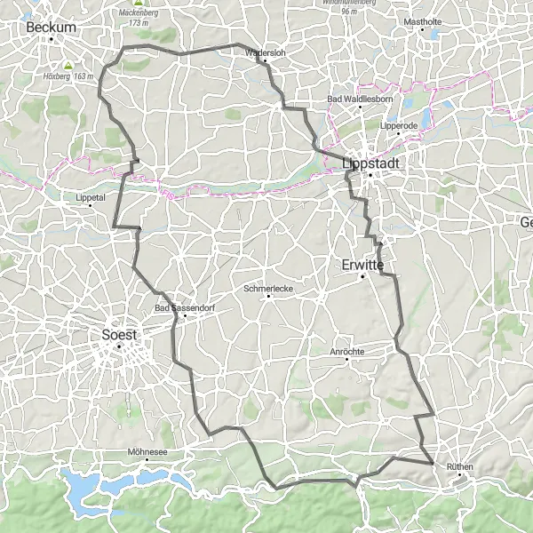 Karten-Miniaturansicht der Radinspiration "Rundtour Ochsenrücken - Sichtigvor - Bad Sassendorf - Oestinghausen - Diestedder Berg - Diestedde - Bad Westernkotten - Berge - Altenrüthen" in Arnsberg, Germany. Erstellt vom Tarmacs.app-Routenplaner für Radtouren