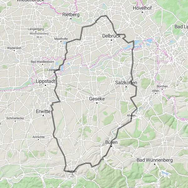 Map miniature of "Rüthen Ride" cycling inspiration in Arnsberg, Germany. Generated by Tarmacs.app cycling route planner