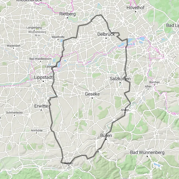 Karten-Miniaturansicht der Radinspiration "Rüthen - Bad Westernkotten Rundweg" in Arnsberg, Germany. Erstellt vom Tarmacs.app-Routenplaner für Radtouren