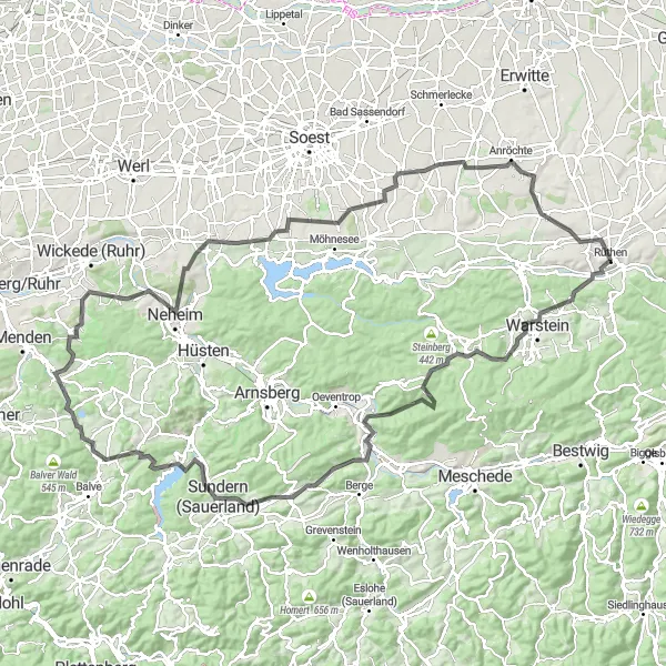 Map miniature of "Rüthen - Stillenbergs-Kopf - Warstein - Sundern (Sauerland) - Rüthen" cycling inspiration in Arnsberg, Germany. Generated by Tarmacs.app cycling route planner