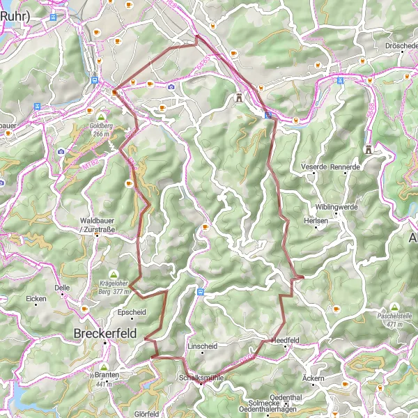 Karten-Miniaturansicht der Radinspiration "Gravel-Tour zum Schrandmühler Hof" in Arnsberg, Germany. Erstellt vom Tarmacs.app-Routenplaner für Radtouren