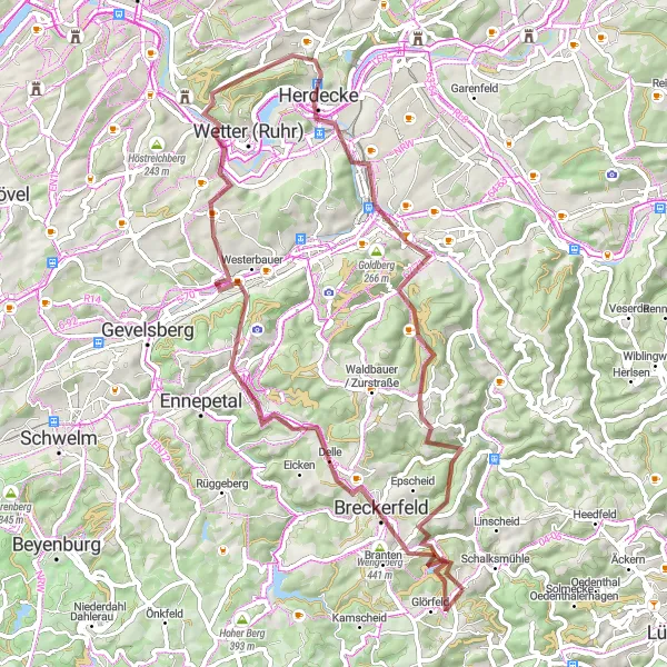 Karten-Miniaturansicht der Radinspiration "Gravel-Abenteuer rund um Hagen" in Arnsberg, Germany. Erstellt vom Tarmacs.app-Routenplaner für Radtouren