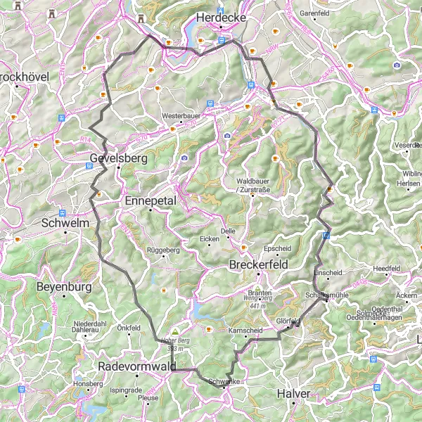 Map miniature of "Mühlenschleiße Marathon" cycling inspiration in Arnsberg, Germany. Generated by Tarmacs.app cycling route planner