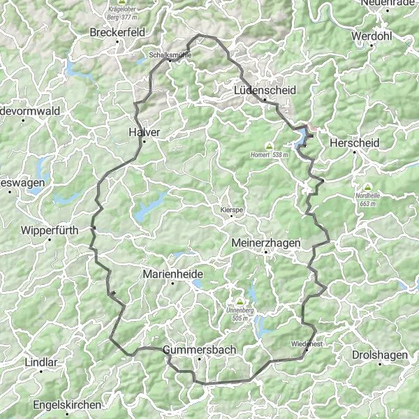 Karten-Miniaturansicht der Radinspiration "Herausforderung Nordhelle - Natur und Historie erleben" in Arnsberg, Germany. Erstellt vom Tarmacs.app-Routenplaner für Radtouren