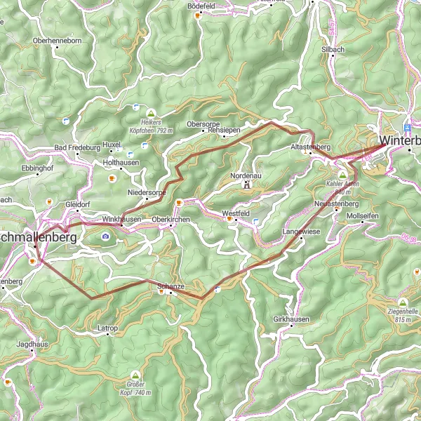 Map miniature of "Schmallenberg - Hardt - Kahler Asten - Neuastenberg - Schanze - Höhe" cycling inspiration in Arnsberg, Germany. Generated by Tarmacs.app cycling route planner