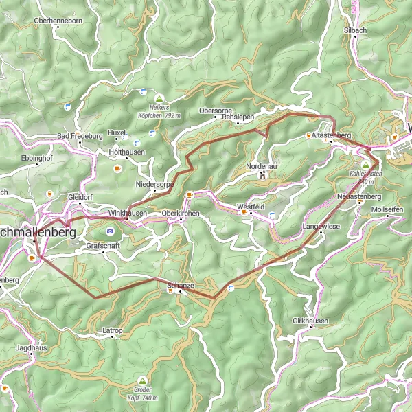 Map miniature of "Schmallenberg Gravel Adventure Loop" cycling inspiration in Arnsberg, Germany. Generated by Tarmacs.app cycling route planner