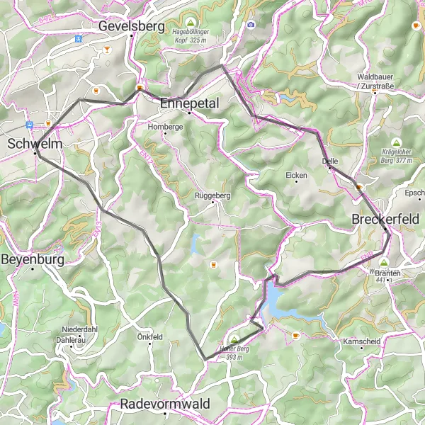 Map miniature of "Ennepetal Ride" cycling inspiration in Arnsberg, Germany. Generated by Tarmacs.app cycling route planner