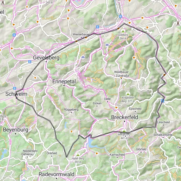 Map miniature of "Scenic Gevelsberg Loop" cycling inspiration in Arnsberg, Germany. Generated by Tarmacs.app cycling route planner