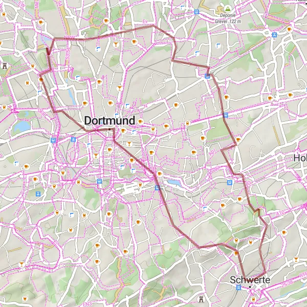 Karten-Miniaturansicht der Radinspiration "Gravelroute durch Schwerte und Umgebung" in Arnsberg, Germany. Erstellt vom Tarmacs.app-Routenplaner für Radtouren
