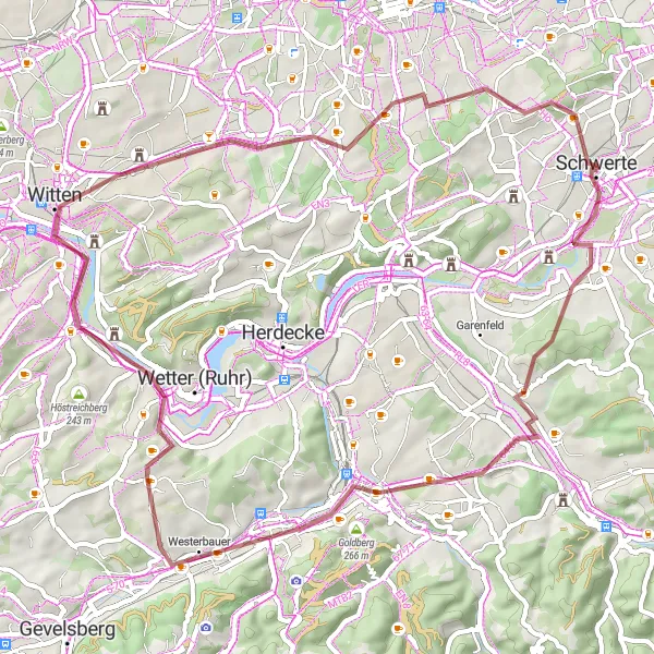 Karten-Miniaturansicht der Radinspiration "Gravelabenteuer zu den Höchstpunkten" in Arnsberg, Germany. Erstellt vom Tarmacs.app-Routenplaner für Radtouren