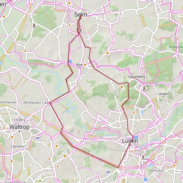 Map miniature of "Lünen Gravel Adventure" cycling inspiration in Arnsberg, Germany. Generated by Tarmacs.app cycling route planner