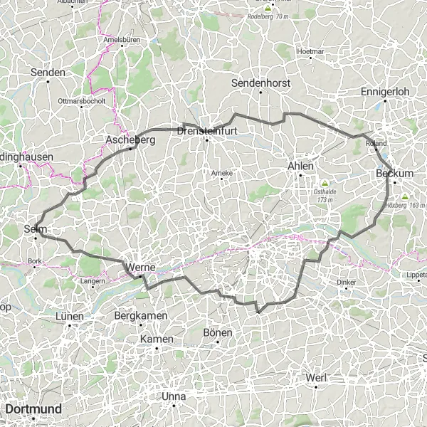 Map miniature of "Road Route from Selm to Werne" cycling inspiration in Arnsberg, Germany. Generated by Tarmacs.app cycling route planner