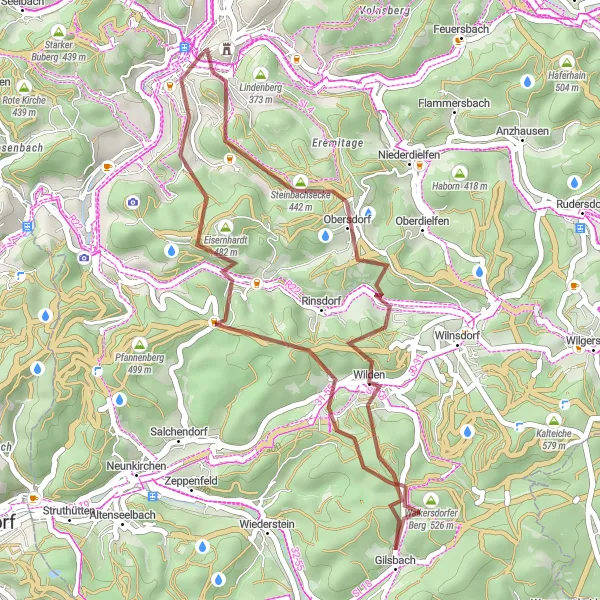 Karten-Miniaturansicht der Radinspiration "Gravel Abenteuer in Siegen" in Arnsberg, Germany. Erstellt vom Tarmacs.app-Routenplaner für Radtouren