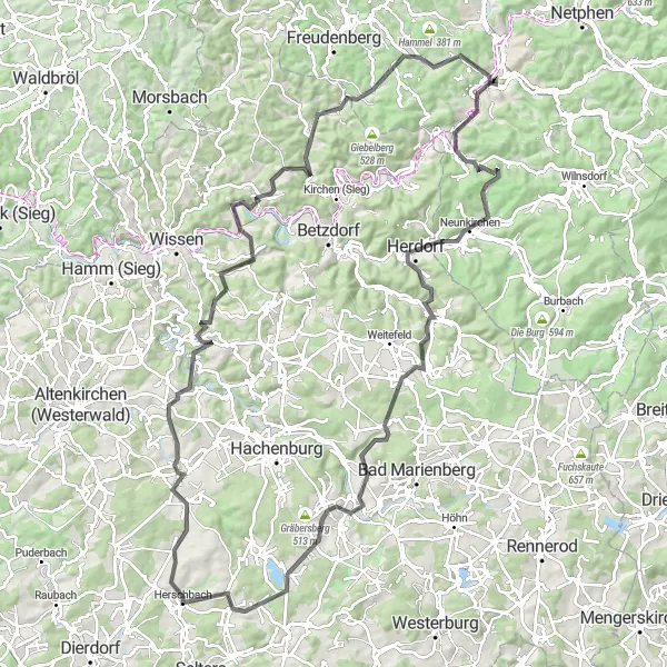 Karten-Miniaturansicht der Radinspiration "Ausgedehnte Tour durch das Siegerland" in Arnsberg, Germany. Erstellt vom Tarmacs.app-Routenplaner für Radtouren
