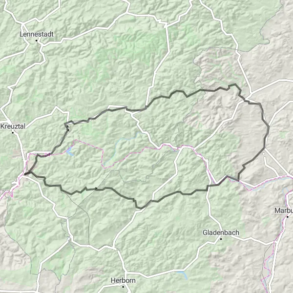 Map miniature of "Siegen to Netphen Round Trip" cycling inspiration in Arnsberg, Germany. Generated by Tarmacs.app cycling route planner