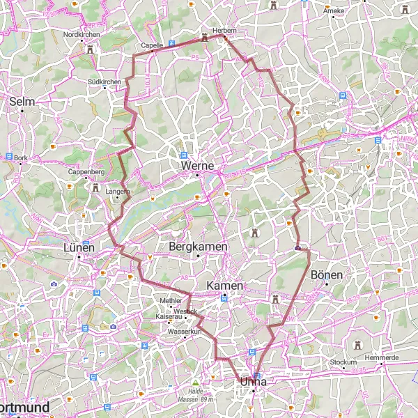 Map miniature of "Hidden Gems of Unna Gravel Tour" cycling inspiration in Arnsberg, Germany. Generated by Tarmacs.app cycling route planner