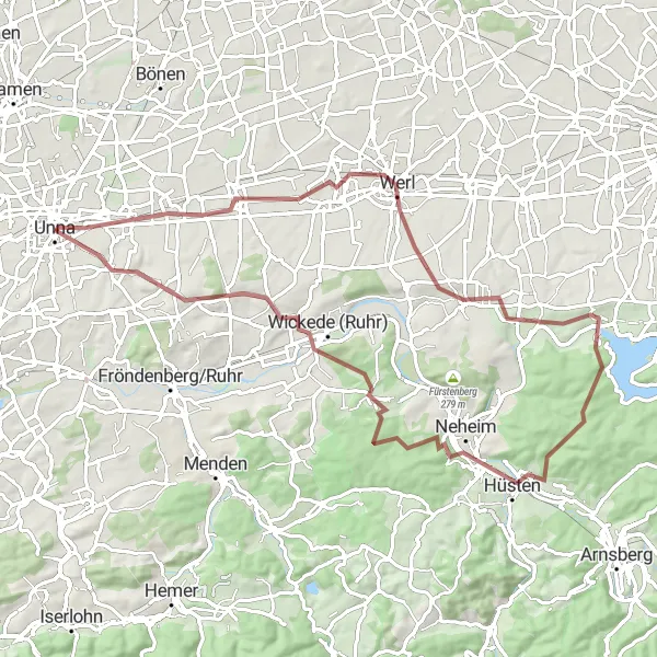 Map miniature of "The Ultimate Gravel Adventure: Unna to Werl" cycling inspiration in Arnsberg, Germany. Generated by Tarmacs.app cycling route planner