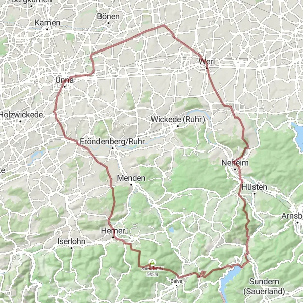 Map miniature of "The Unna Gravel Adventure" cycling inspiration in Arnsberg, Germany. Generated by Tarmacs.app cycling route planner