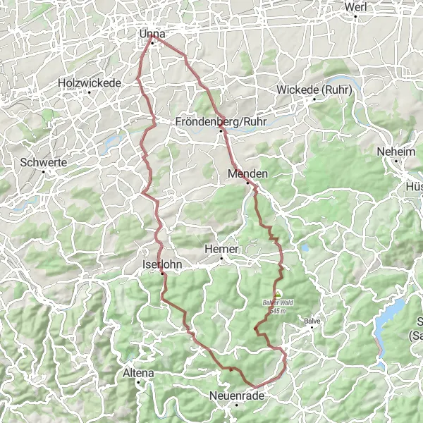 Map miniature of "The Menden Gravel Escape" cycling inspiration in Arnsberg, Germany. Generated by Tarmacs.app cycling route planner