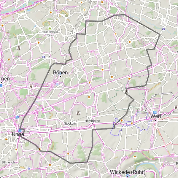 Karten-Miniaturansicht der Radinspiration "Tour durch Bönen und Hemmerde" in Arnsberg, Germany. Erstellt vom Tarmacs.app-Routenplaner für Radtouren