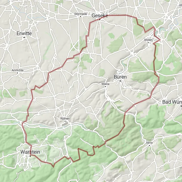 Map miniature of "Warstein to Mühlenhoff-Denkmal Gravel Route" cycling inspiration in Arnsberg, Germany. Generated by Tarmacs.app cycling route planner