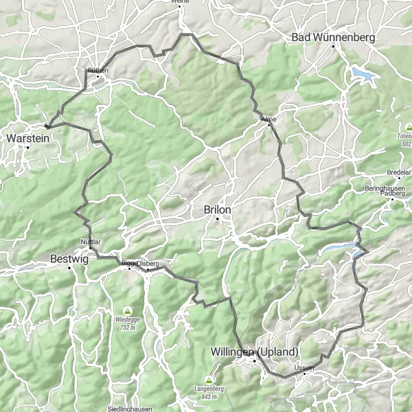 Map miniature of "Challenging road route in Arnsberg" cycling inspiration in Arnsberg, Germany. Generated by Tarmacs.app cycling route planner