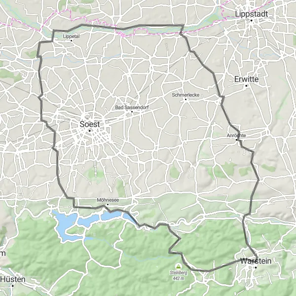 Map miniature of "Warstein to Mühlenhoff-Denkmal Road Route" cycling inspiration in Arnsberg, Germany. Generated by Tarmacs.app cycling route planner