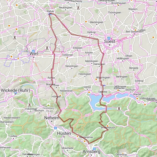 Map miniature of "Welver Gravel Adventure" cycling inspiration in Arnsberg, Germany. Generated by Tarmacs.app cycling route planner