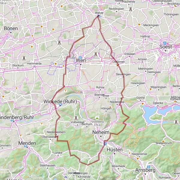 Map miniature of "Welver Gravel Expedition" cycling inspiration in Arnsberg, Germany. Generated by Tarmacs.app cycling route planner