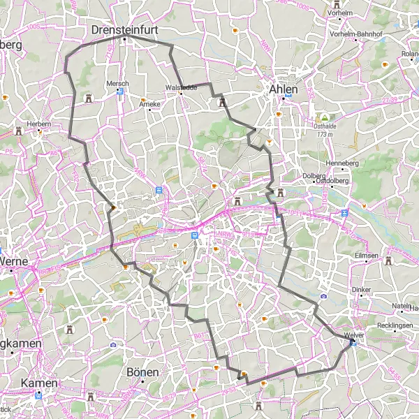 Map miniature of "Welver Road Route" cycling inspiration in Arnsberg, Germany. Generated by Tarmacs.app cycling route planner