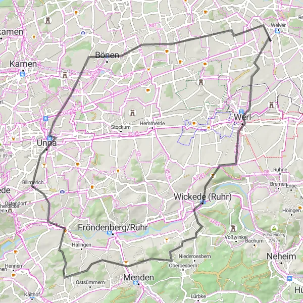 Map miniature of "The Hillside Expedition" cycling inspiration in Arnsberg, Germany. Generated by Tarmacs.app cycling route planner