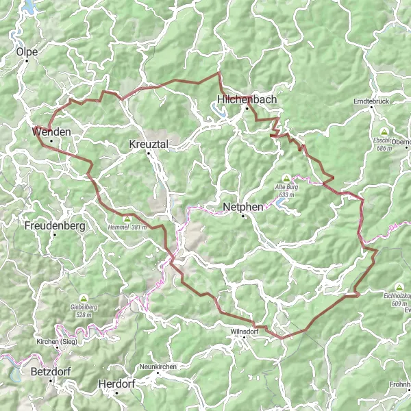 Map miniature of "Wenden Gravel Adventure" cycling inspiration in Arnsberg, Germany. Generated by Tarmacs.app cycling route planner