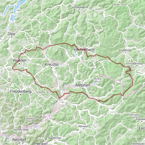 Map miniature of "Wenden Gravel Adventure" cycling inspiration in Arnsberg, Germany. Generated by Tarmacs.app cycling route planner