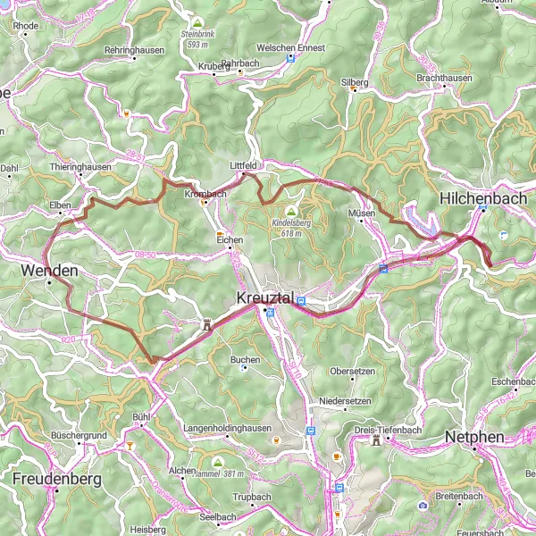 Map miniature of "Krombach to Wenden Gravel Adventure" cycling inspiration in Arnsberg, Germany. Generated by Tarmacs.app cycling route planner