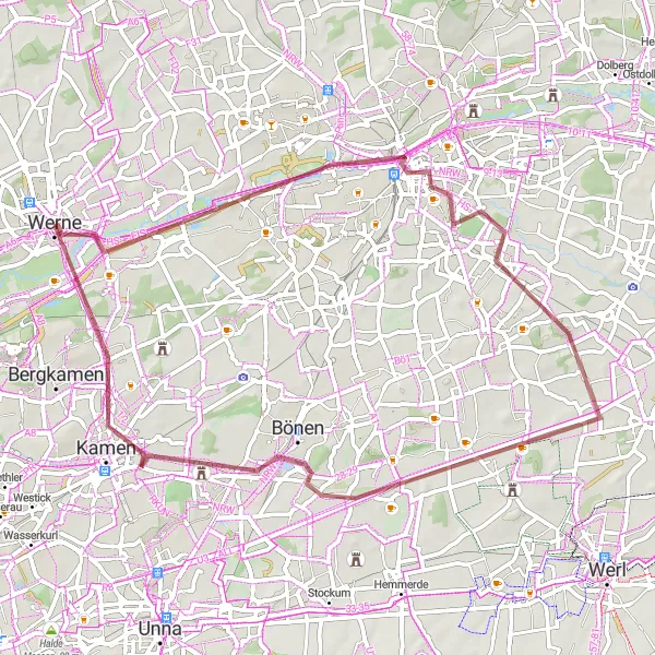 Map miniature of "Hamm Gravel Loop" cycling inspiration in Arnsberg, Germany. Generated by Tarmacs.app cycling route planner