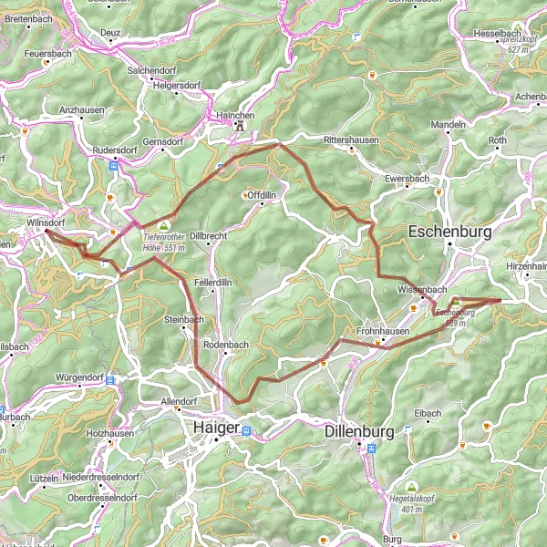 Map miniature of "Wilgersdorf and Heunstein Gravel Adventure" cycling inspiration in Arnsberg, Germany. Generated by Tarmacs.app cycling route planner