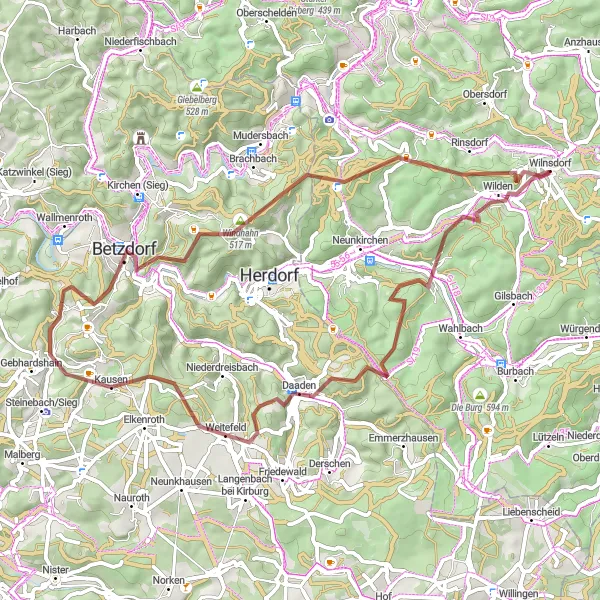 Map miniature of "Wilnsdorf Circular Gravel Route" cycling inspiration in Arnsberg, Germany. Generated by Tarmacs.app cycling route planner