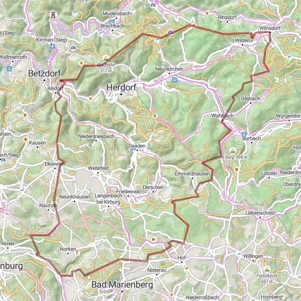 Map miniature of "Trödelsteine and Lautzenbrücken Gravel Loop" cycling inspiration in Arnsberg, Germany. Generated by Tarmacs.app cycling route planner