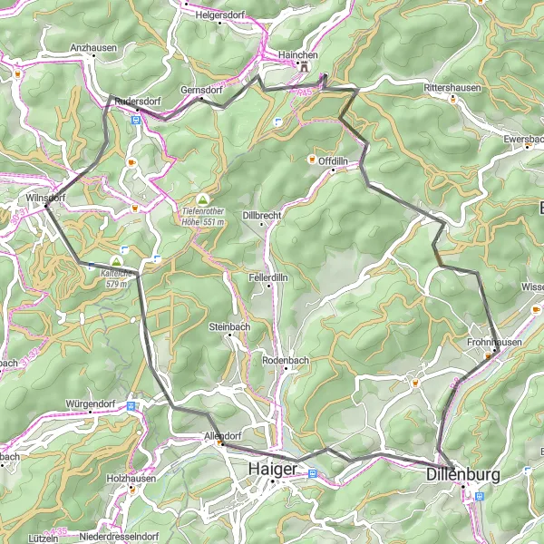 Map miniature of "Wilnsdorf to Dillenburg Road Route" cycling inspiration in Arnsberg, Germany. Generated by Tarmacs.app cycling route planner