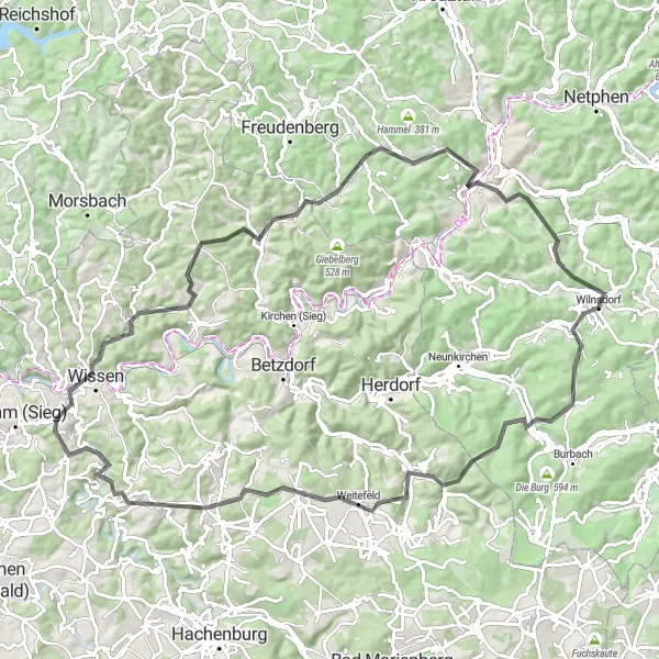 Map miniature of "Daaden and Mittelberg Historic Road Route" cycling inspiration in Arnsberg, Germany. Generated by Tarmacs.app cycling route planner