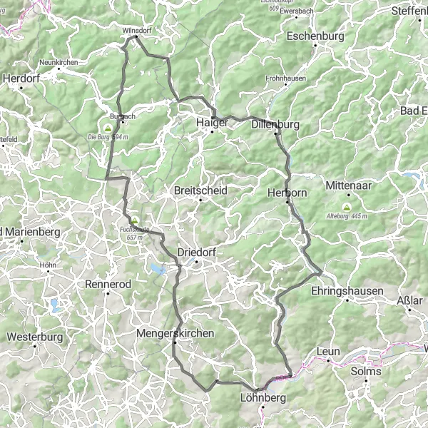 Map miniature of "Wilnsdorf to Herborn Loop" cycling inspiration in Arnsberg, Germany. Generated by Tarmacs.app cycling route planner