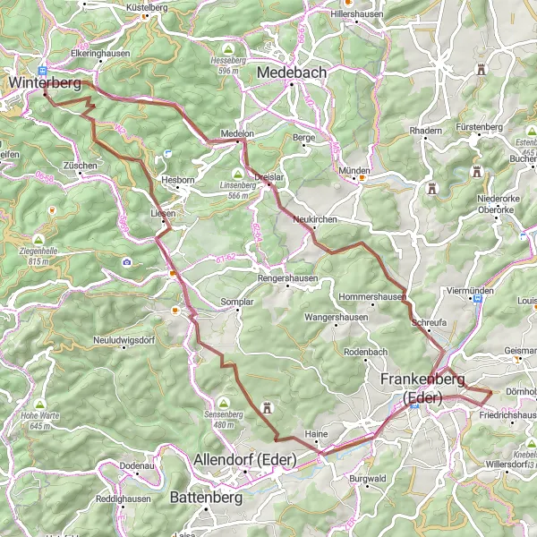 Map miniature of "Winterberg to Lagerstein through picturesque gravel routes" cycling inspiration in Arnsberg, Germany. Generated by Tarmacs.app cycling route planner
