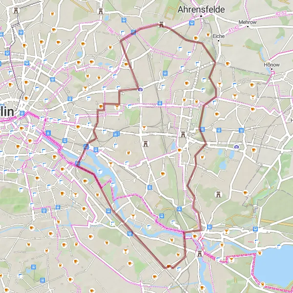 Map miniature of "Adlershof - Inselspitze - Kap Stralau - Dorfkirche Falkenberg - Gärten der Welt - Aussichtspunkt Bunkerberg" cycling inspiration in Berlin, Germany. Generated by Tarmacs.app cycling route planner