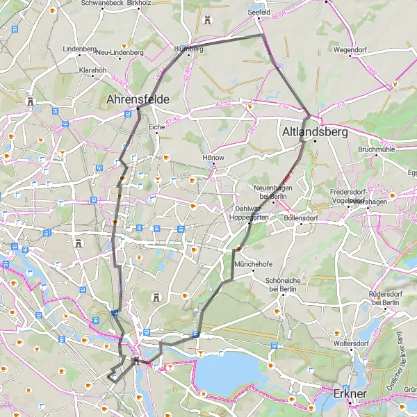 Map miniature of "Adlershof - Schloss Biesdorf - Skywalk Marzahner Promenade - Altlandsberg - Köpenick" cycling inspiration in Berlin, Germany. Generated by Tarmacs.app cycling route planner