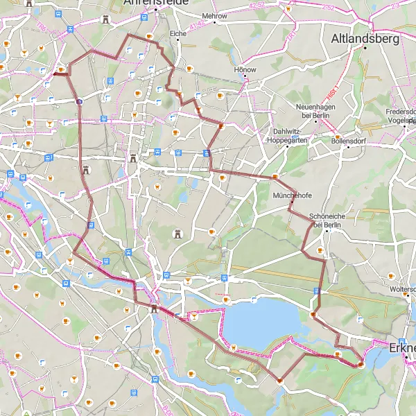 Karten-Miniaturansicht der Radinspiration "Gravel-Tour durch Münchehofe und Müggelheim" in Berlin, Germany. Erstellt vom Tarmacs.app-Routenplaner für Radtouren