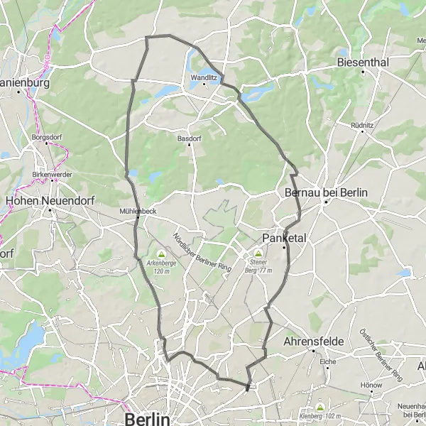 Map miniature of "Road Cycling in the Surrounding Villages" cycling inspiration in Berlin, Germany. Generated by Tarmacs.app cycling route planner