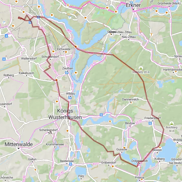Map miniature of "Altglienicke Gravel Escape" cycling inspiration in Berlin, Germany. Generated by Tarmacs.app cycling route planner