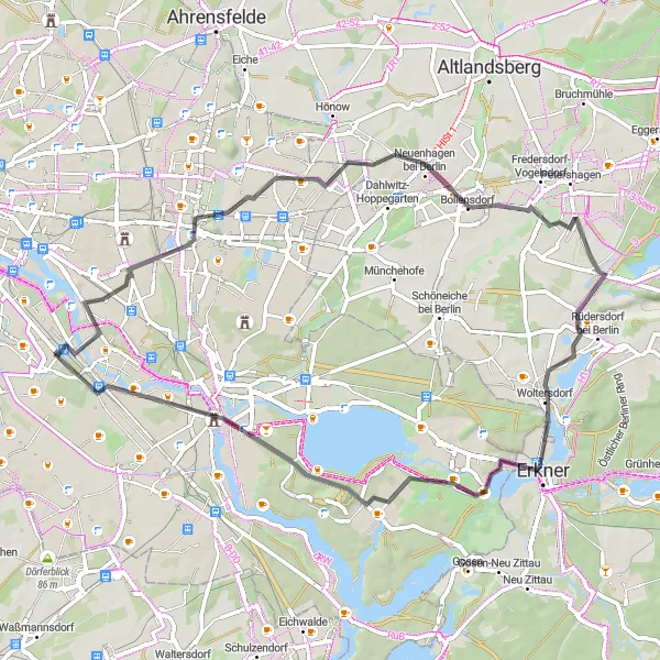 Map miniature of "Roads Less Traveled" cycling inspiration in Berlin, Germany. Generated by Tarmacs.app cycling route planner